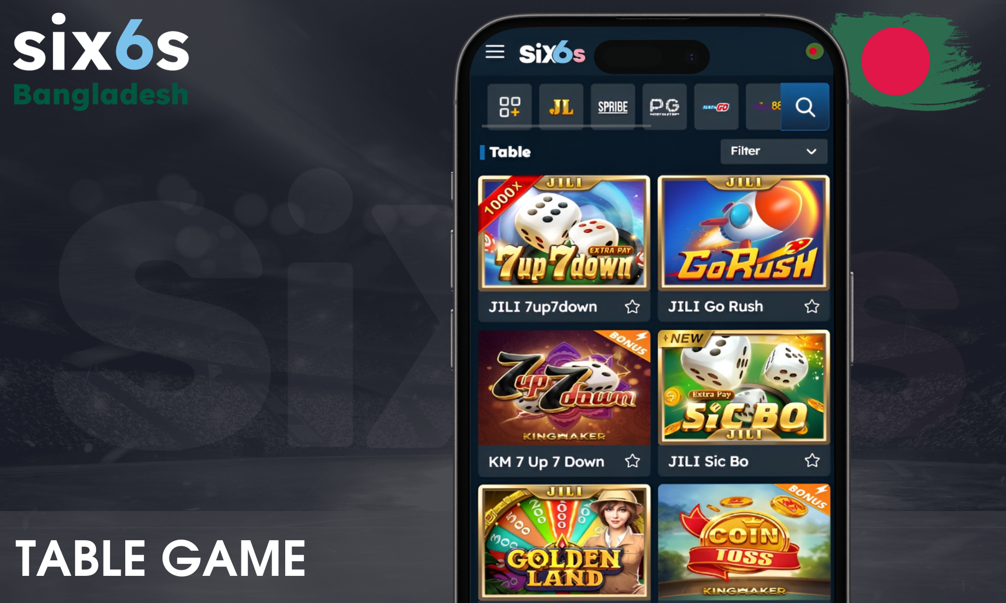 A variety of table games on the Six6s website