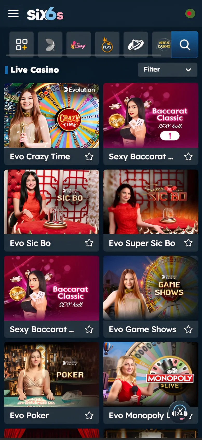 Screenshot of live casino games