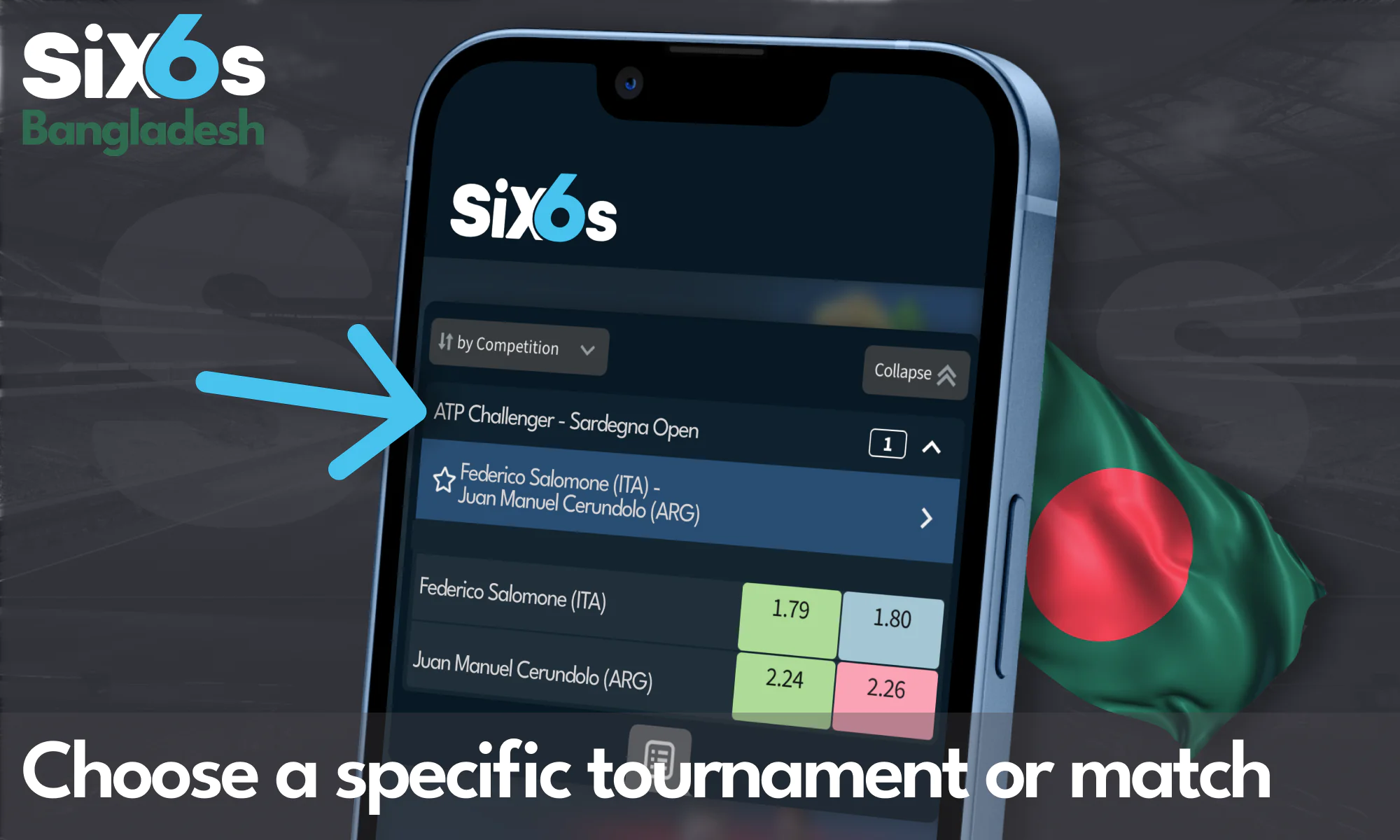 Choose a specific tournament or match to bet at Six6s Bangladesh