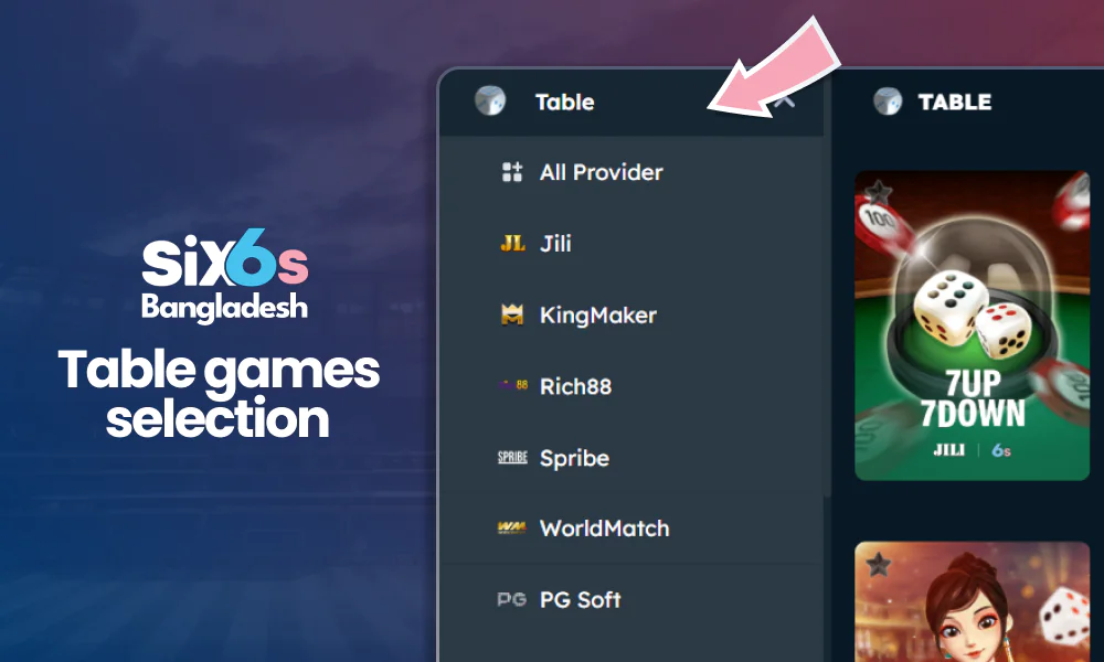 A variety of table games on the Six6s website